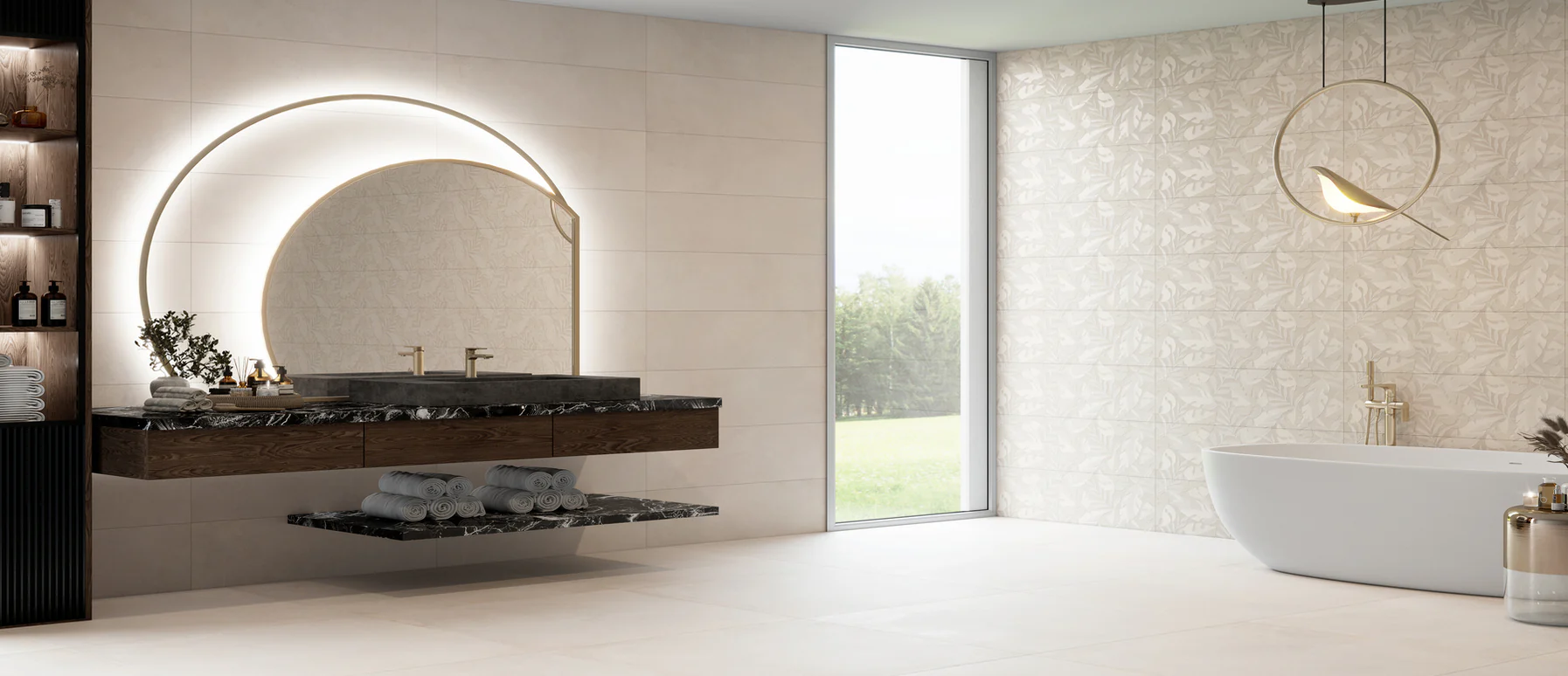 Contemporary room with warm, textured tile